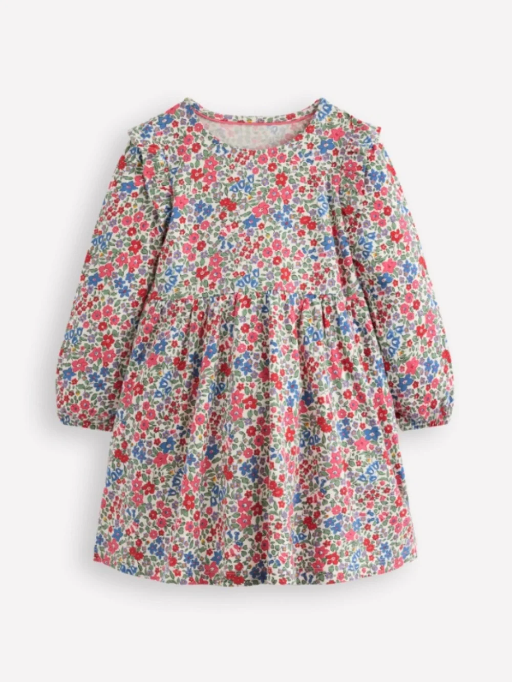 Mini Boden - Red & Blue Flowerbed Posie Long Sleeve Jersey Dress, Size 8-9y